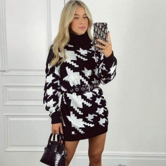 Black Knitted Houndstooth Long Sleeve Turtleneck Oversized Mini Sweater Dress - Picture 3 of 9